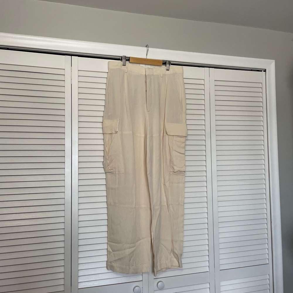 Zara Cream Wide Leg Cargo Pants with Button Fly